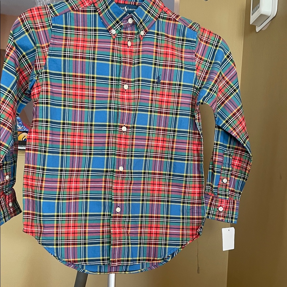 NWT Boy’s Ralph Lauren Navy and White Tag Plaid Shirt, Sz 7